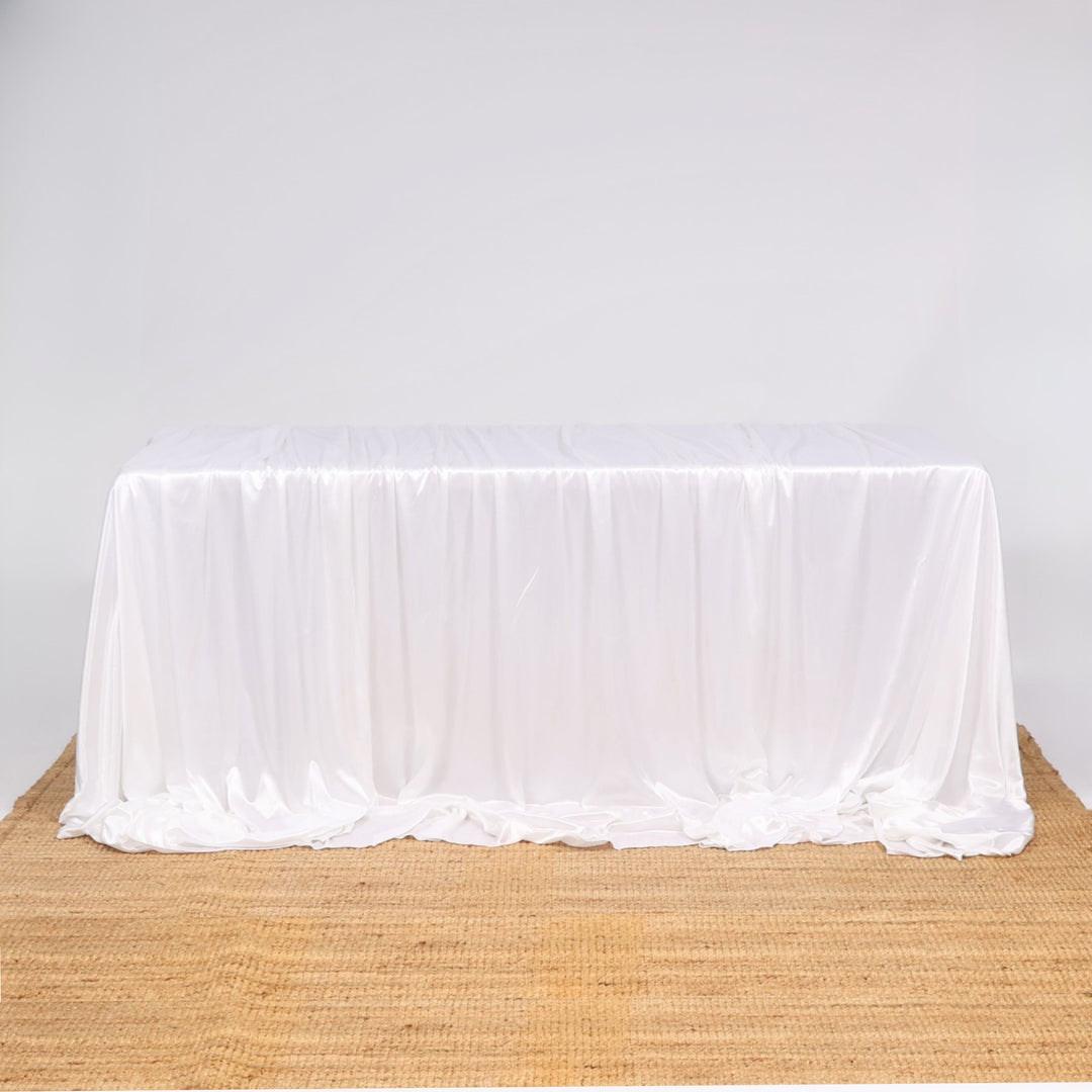 Ice Silk Satin Draping Tablecloth – White (1.5x3m), 3 tablecloths layered to cover 6ft table