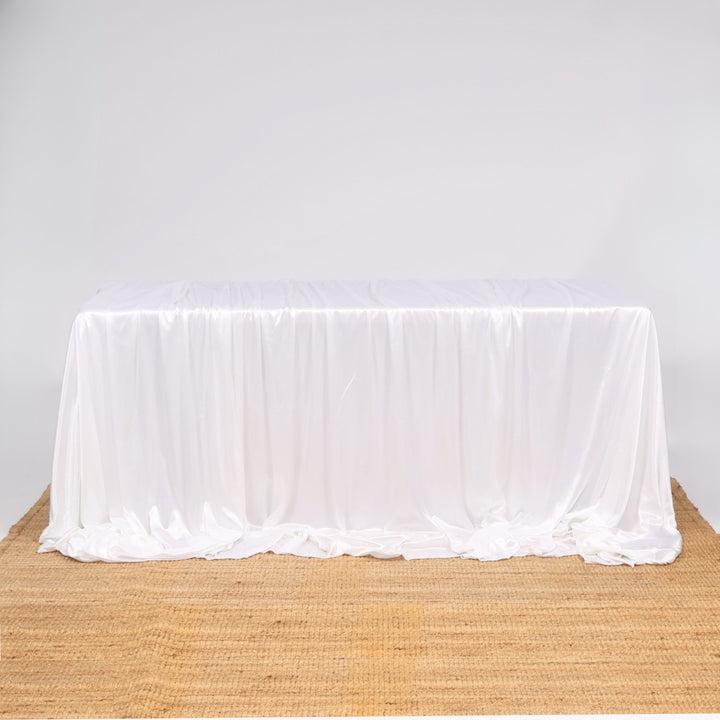 Ice Silk Satin Draping Tablecloth – White (1.5x3m), 3 tablecloths layered to cover 6ft table