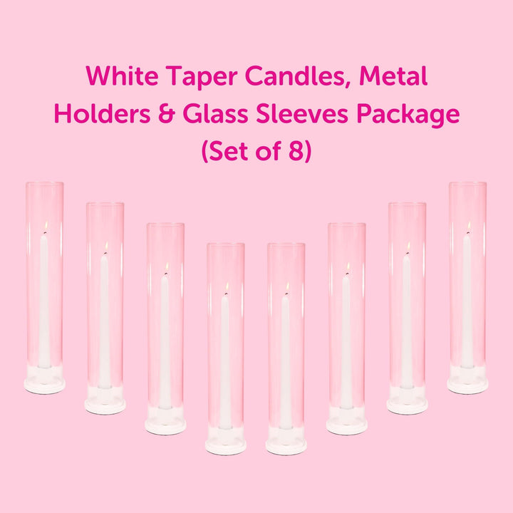 White Taper Candles, Metal Holders & Glass Sleeves Package (Set of 8)