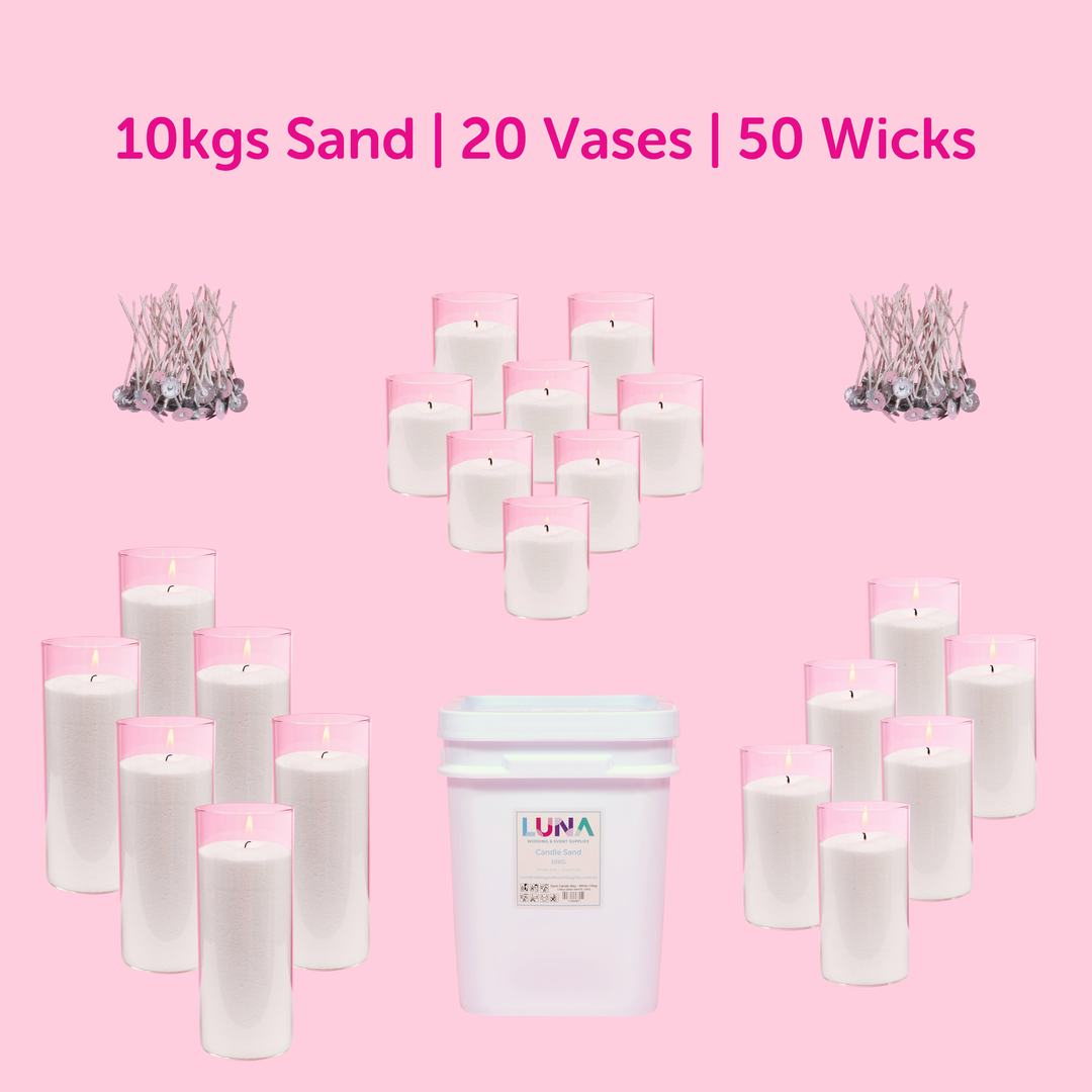 Sand Candle Wax & Vases Package (10kgs Sand, 20 Vases, 50 Wicks)