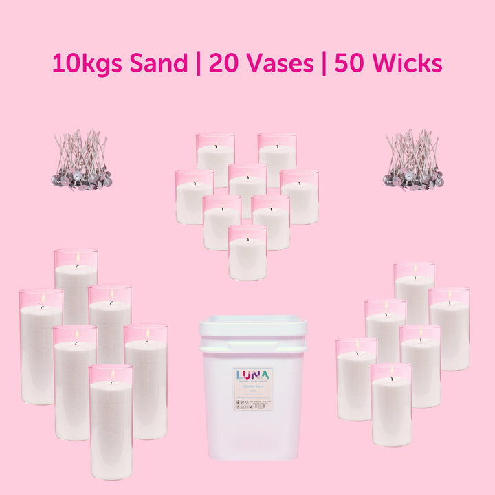 Sand Candle Wax & Vases Package (10kgs Sand, 20 Vases, 50 Wicks)