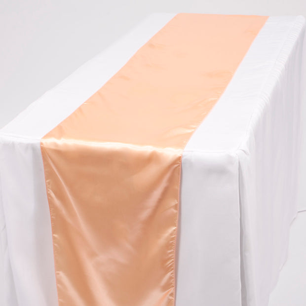 Peach Satin Table Runner on White Fitted Tablecloth