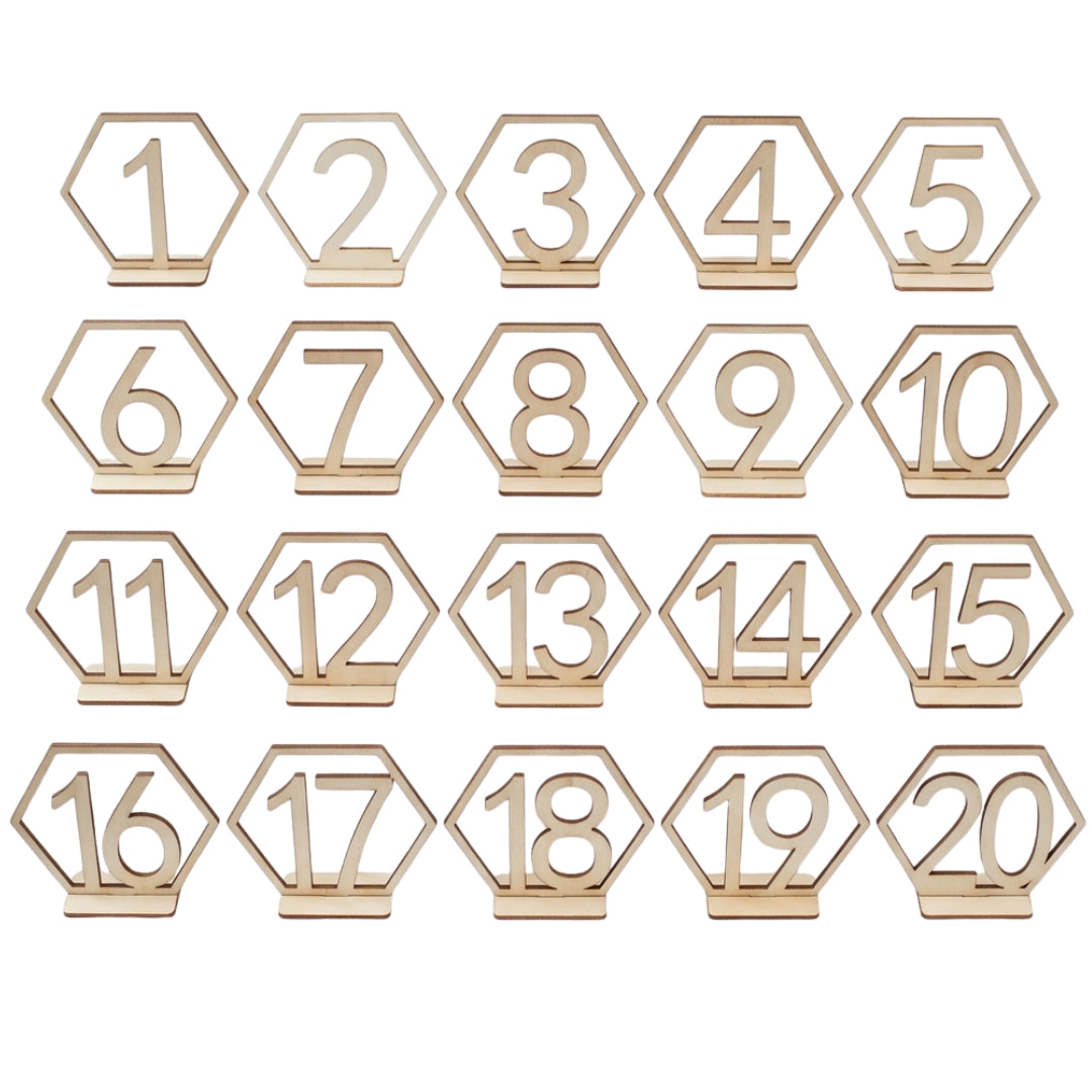 Hexagonal Table Numbers - Wood (1 - 20)