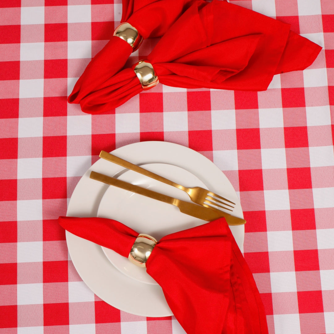 Red Checkered Tablecloth (153x259cm) close up with plates, napkins and cutlery