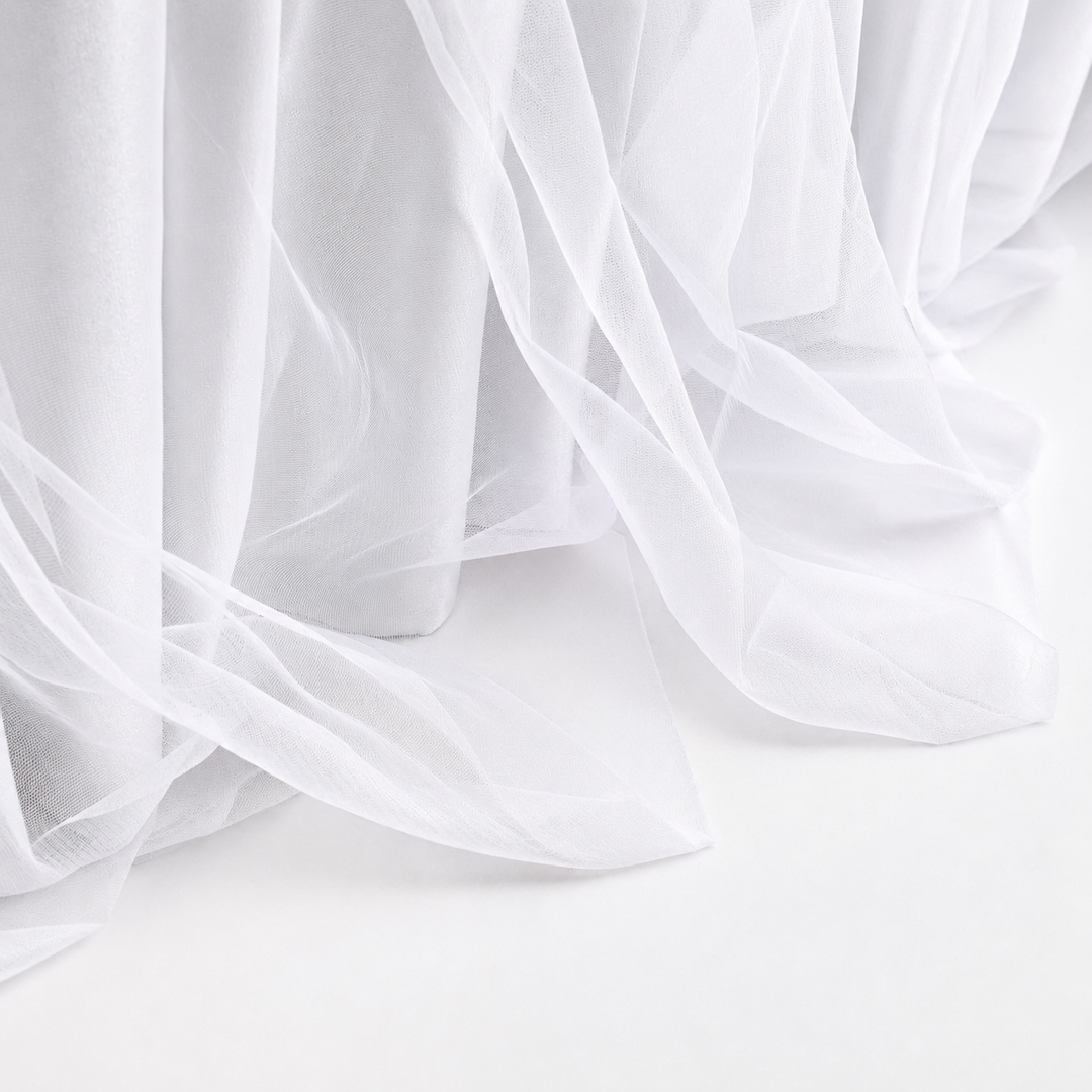 Tulle and Ice Silk Layered Table Skirting + BONUS Clips - White (3m) bottom of skirting