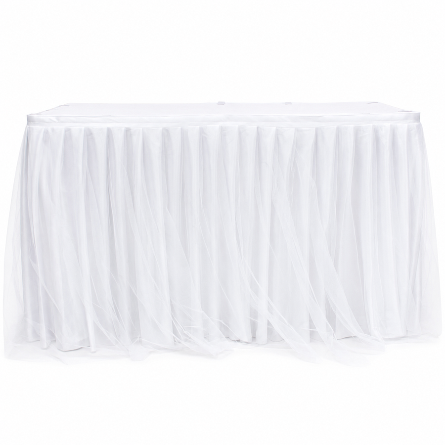 Tulle and Ice Silk Layered Table Skirting + BONUS Clips - White (5.2m)