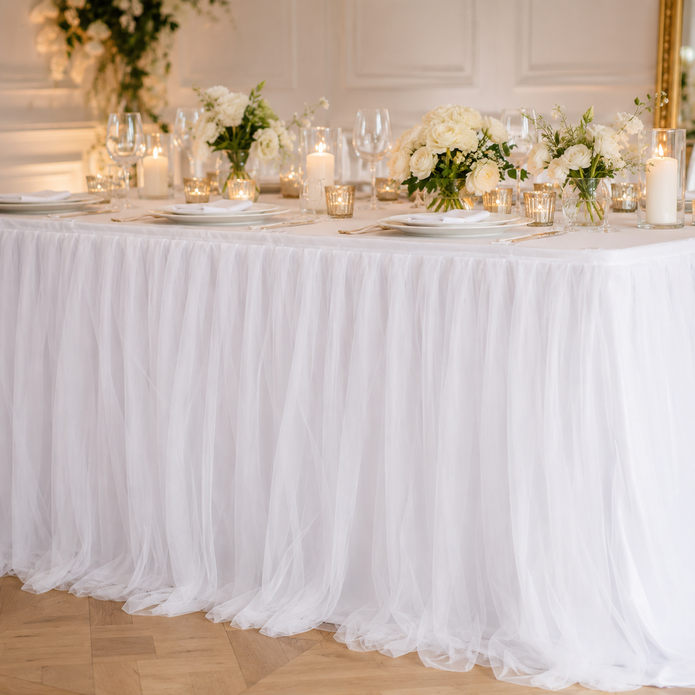 Tulle and Ice Silk Layered Table Skirting + BONUS Clips - White (5.2m) in a dinner setting