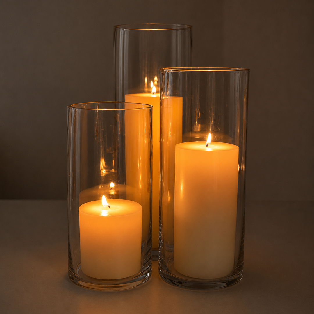 Wax Pillar Candle & Vase Package (18 Candles, 18 Vases)