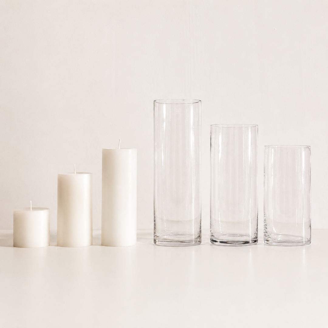 Wax Pillar Candle & Vase Package (18 Candles, 18 Vases)