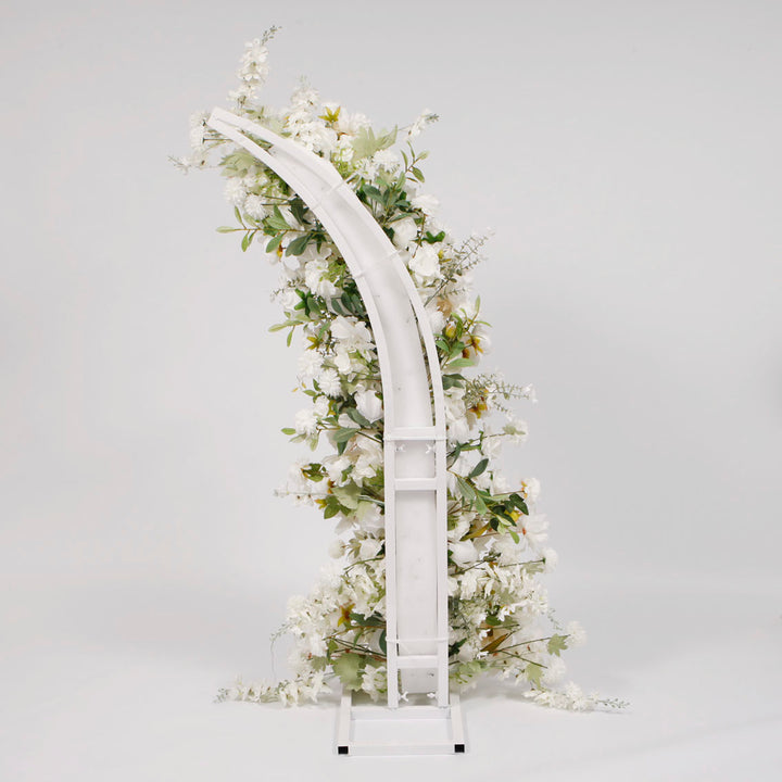 Freestanding Crescent Arch Flower Frame with flowers attached, showing the back of frame