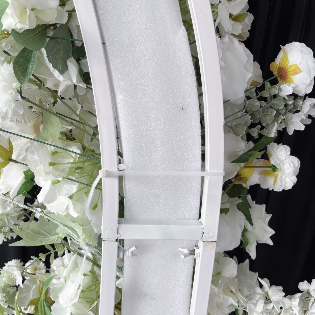 Close up of Crescent Arch Flower Frame with flowers attached by cable ties