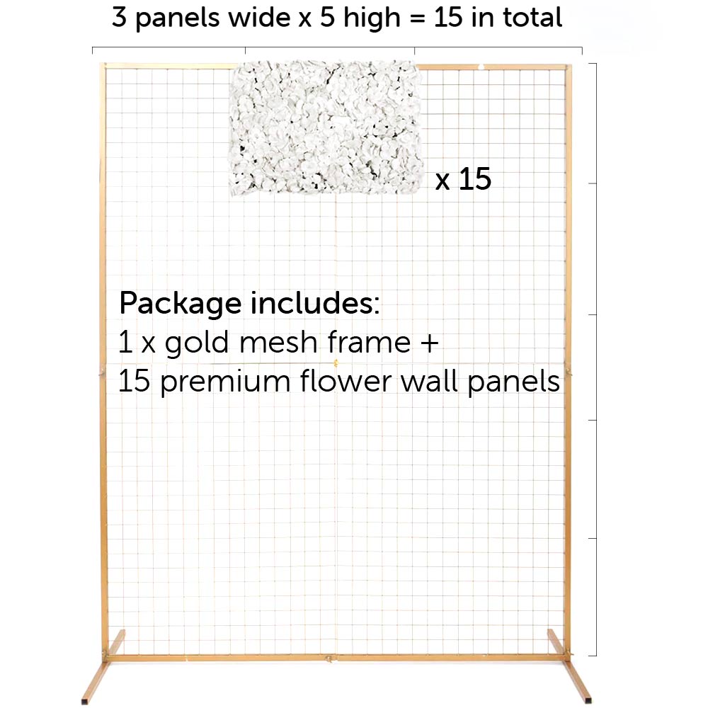 glod mesh frame with 1 flower panel to show for to assemble, 3 panels wide by 5 high