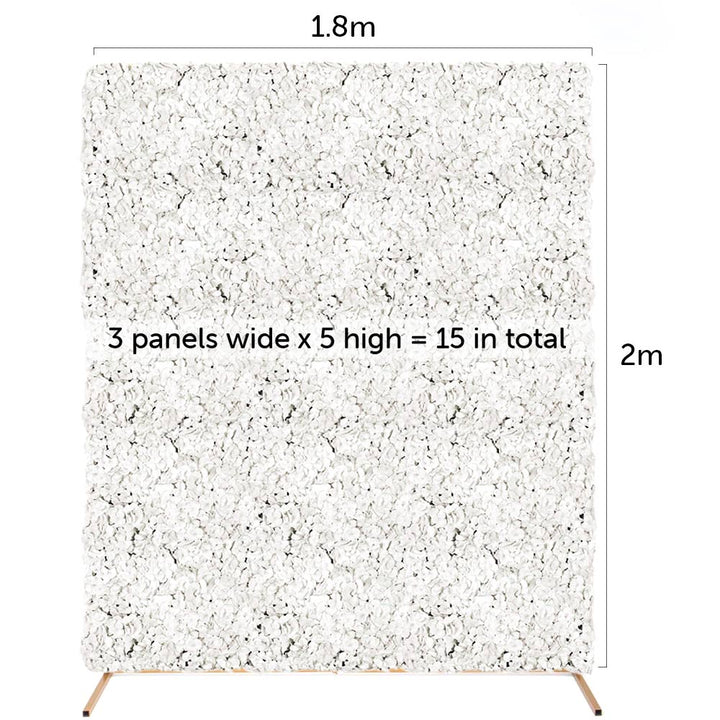 White flower wall combo measurements 1.8m wide by 2m high uses 15 flower panels, 