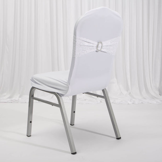 Lycra Chair Covers (Toppers) - White Back On Banquet Chair With Band (Not Included)