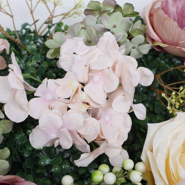 PREMIUM Flower Wall - Peony, Rose, Hydrangea & Box Hedge (Blush Pink, Peach, Cream, Green) Close Up 2