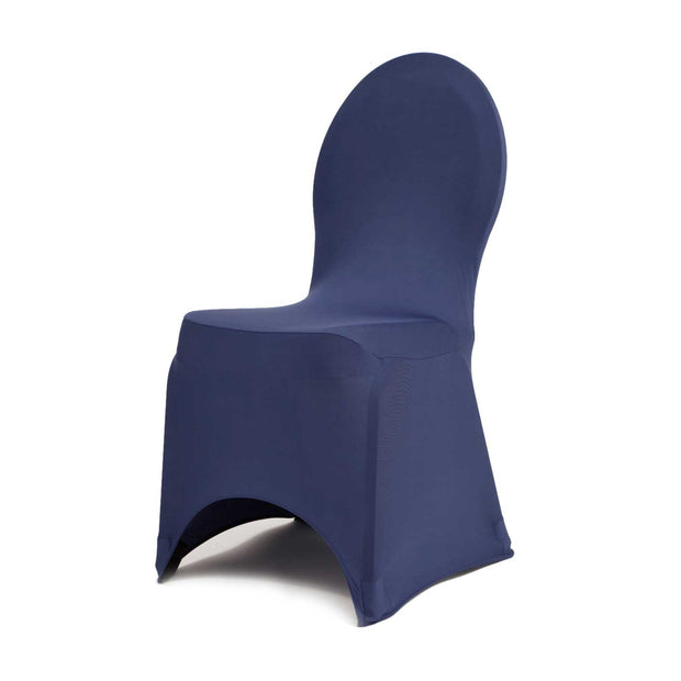 Navy Blue Front view of lycra chair cover on banquet chair.