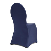 Back view of Navy Blue lycra chair cover on chair, shows full coverage