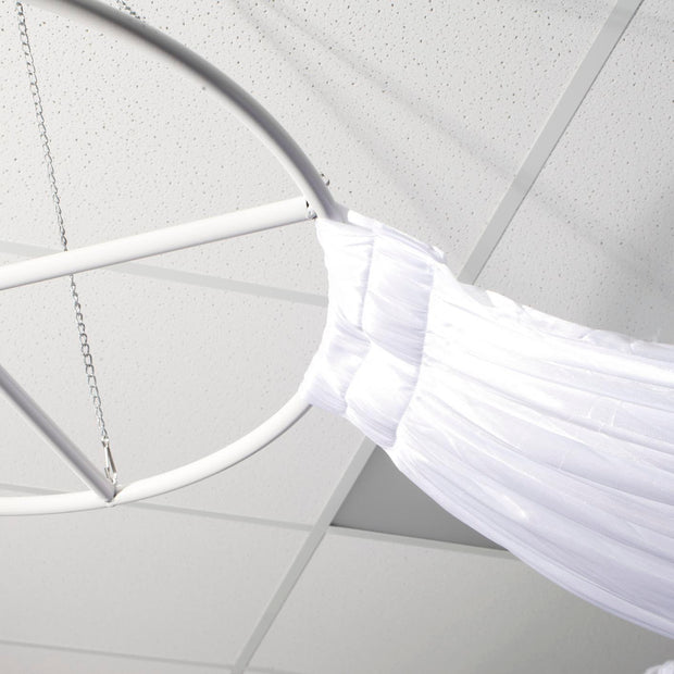 12 White Ceiling Drapes (Ice Silk Satin) with White Cross Centre Ring - Luxury Bridal Package