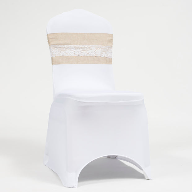 Hessian chair sash  with lace on white lycra banquet chair cover