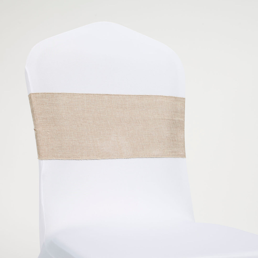 Hessian chair sash on white lycra banquet chair cover