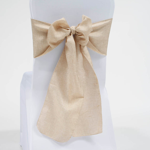 Hessian chair sash on white lycra banquet chair cover
