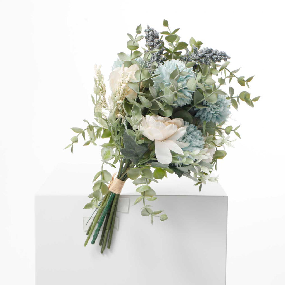 Artificial Mixed Flower Bouquet (10cm heads) - Soft Blues - Twine Wrap