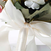 White Satin Wrapped Steams with Satin Bow & pearl in centre