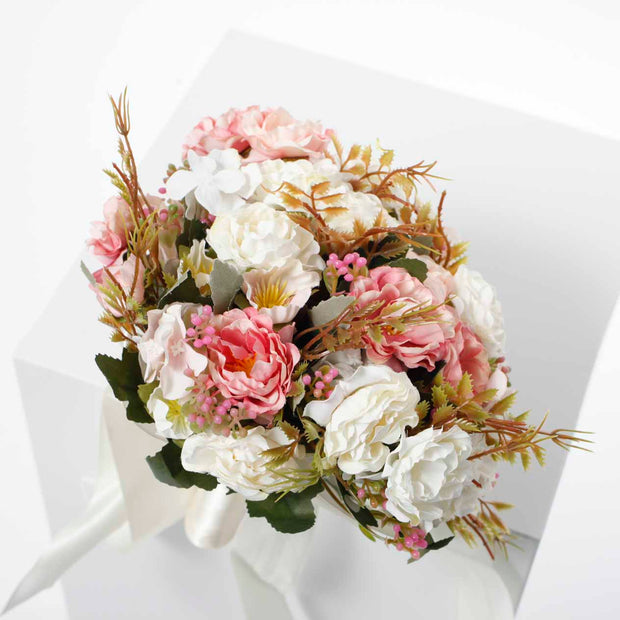 Artificial Peony Flower Bouquet - Blush Pink and White - Satin Ribbon and Pearl Bouquet Wrap