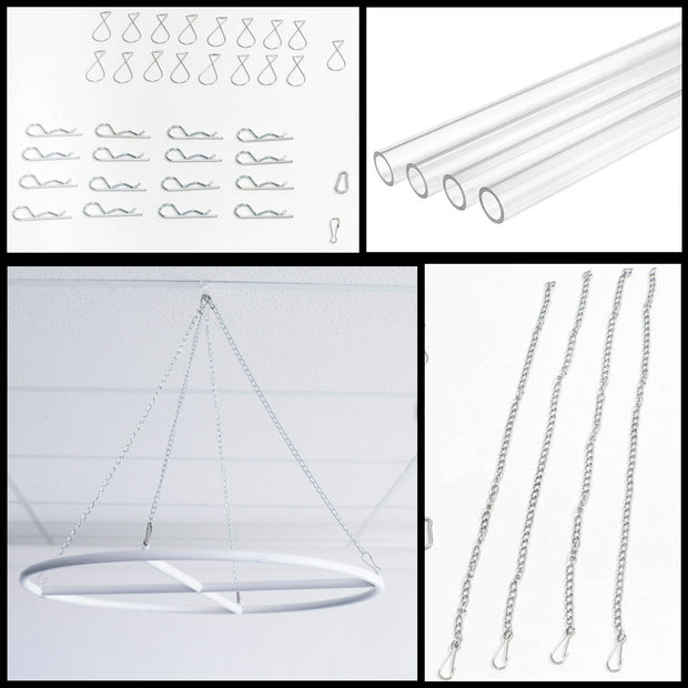 Complete Ceiling Draping Hanging Kit including - Acrylic Tubes, Clips, Chains and Fixed White Ring