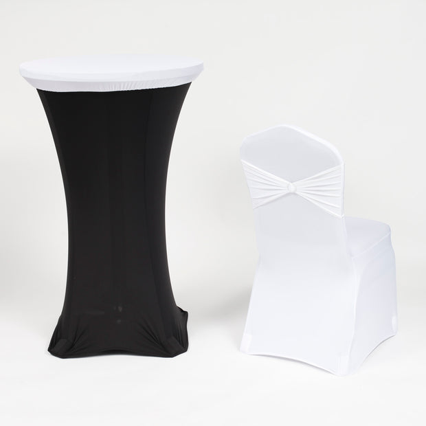 White and Black Theme Cocktail Table Cover with White on White Chair Cover