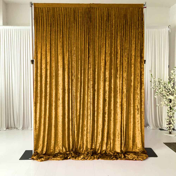 Gold velvet backdrop curtain on 3x3m frame in front of white Ice silk 3x6m Backdrop setup