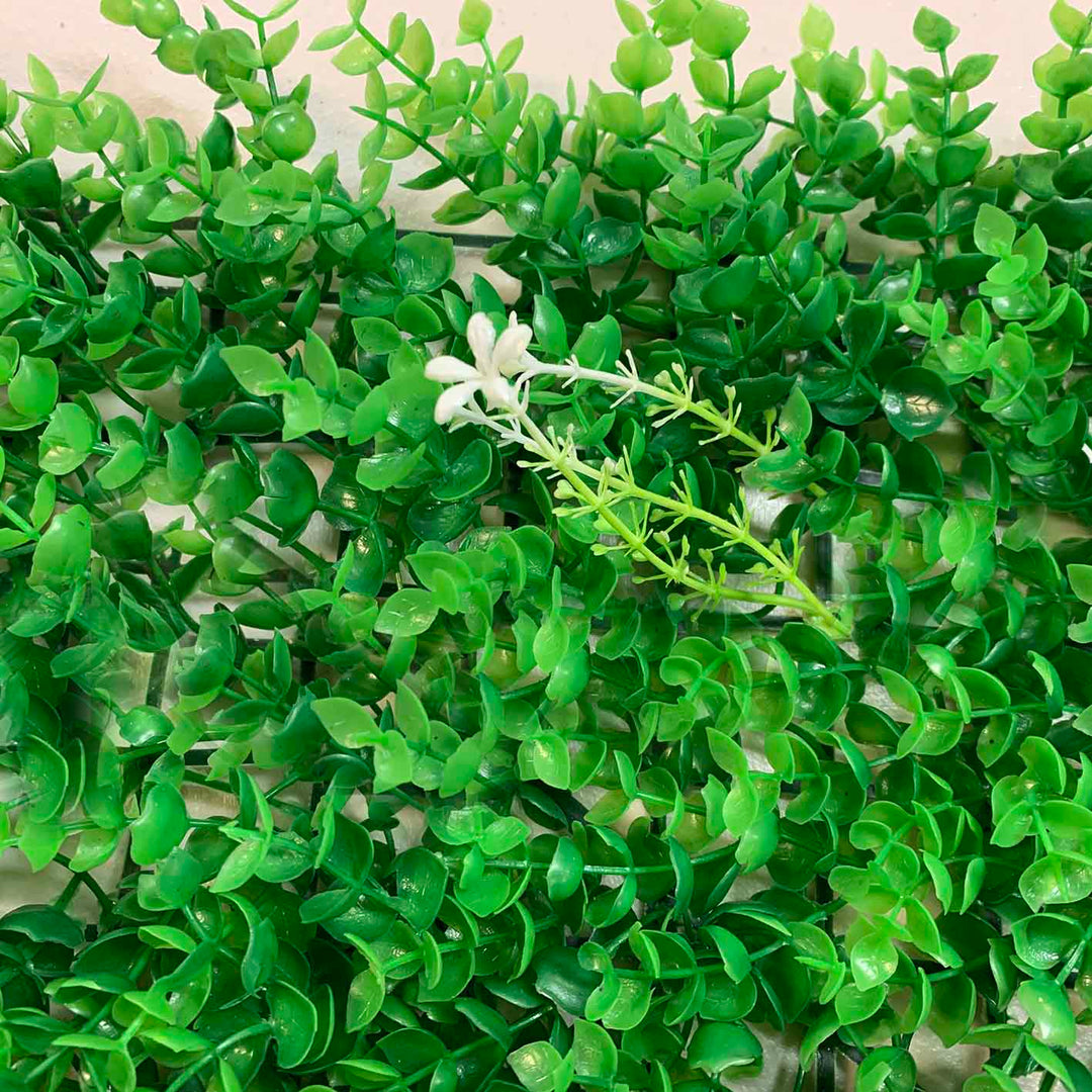 Greenery Wall - Box Hedge, Grass Shoots & Purple, Pink, White Flowers Close B