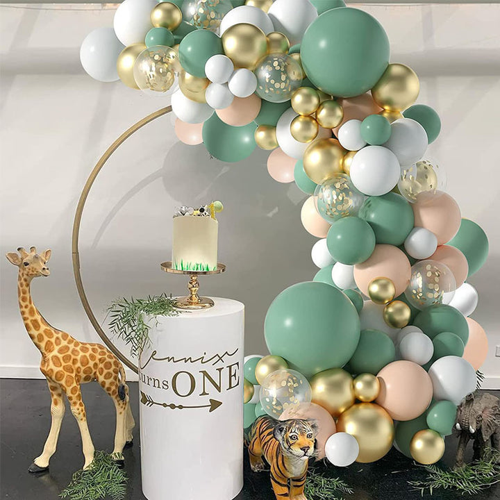 Green Gold Blush balloon garland on Gold Balloon Hoop