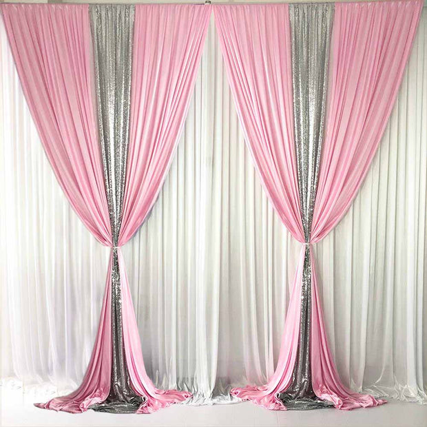 Light Pink Ice Silk and Silver Sequin Layered Backdrop Curtain 3m x 3m
