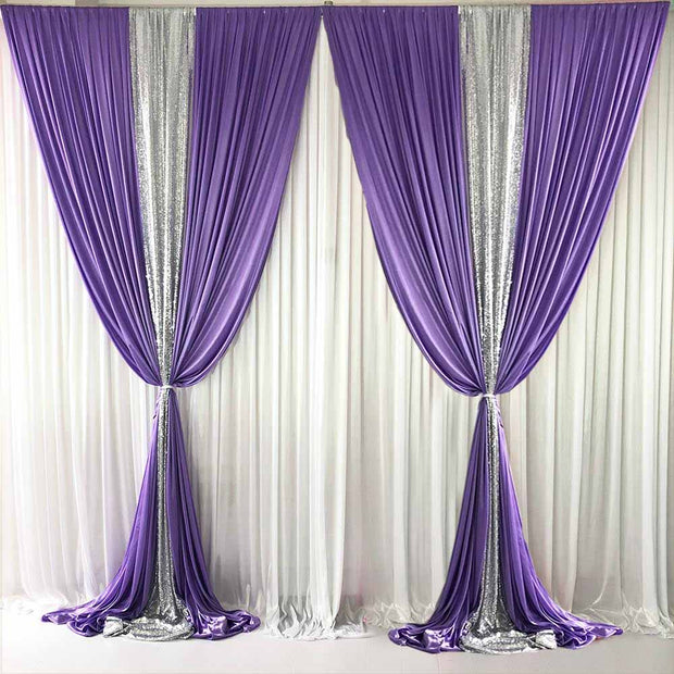 Purple Ice Silk and Silver Sequin Layered Backdrop Curtain 3m x 3m