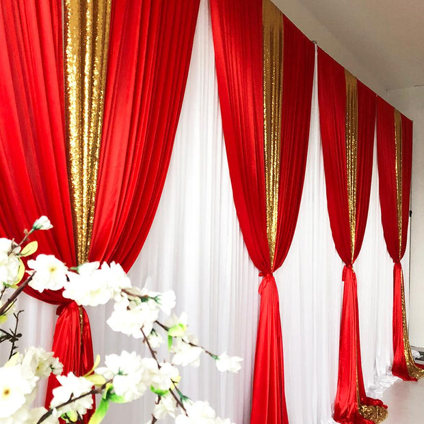 2 Red and Gold and White Backdrop Curtains in Ice Silk and Gold Sequins