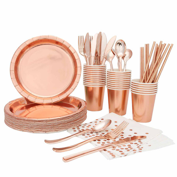 24 person Premium Paper Plate Dinner Set - Metallic Rose Gold - Paper Plates, Cups, Cutlery, Straws - 193 pieces