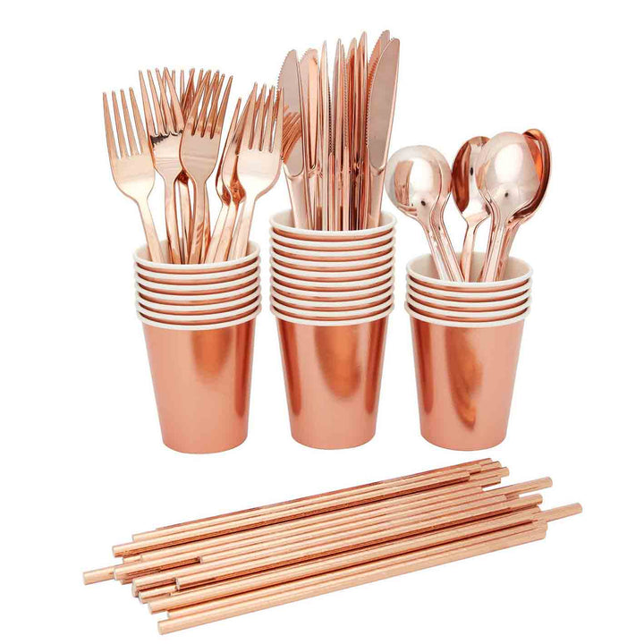 24 person Premium Paper Plate Dinner Set - Metallic Rose Gold - Paper Plates, Cups, Cutlery, Straws - 193 pieces