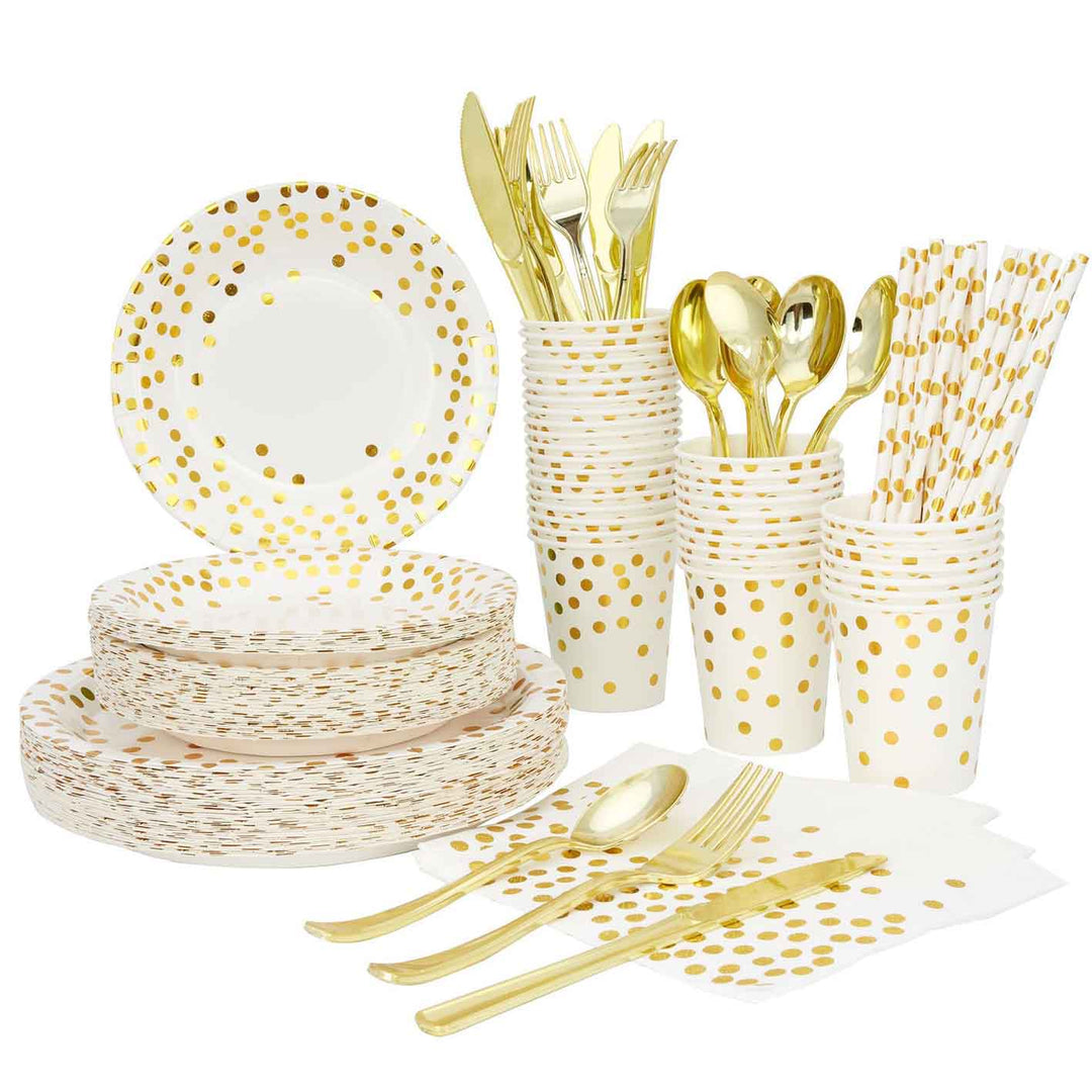 24 person Premium Paper Plate Dinner Set - White and Metallic Gold Polkadots - Paper Plates, Cups, Cutlery, Straws - 193 pieces