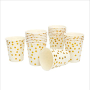 24 person Premium Paper Plate Dinner Set - White and Metallic Gold Polkadots - Paper Plates, Cups, Cutlery, Straws - 193 pieces