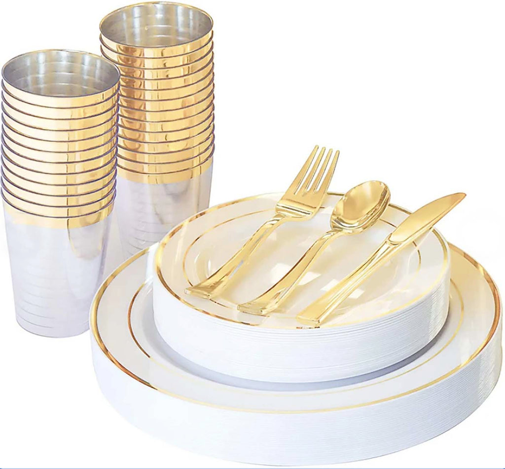 Metallic Gold Rimmed Party Plate Dinner Set Luna Wedding and