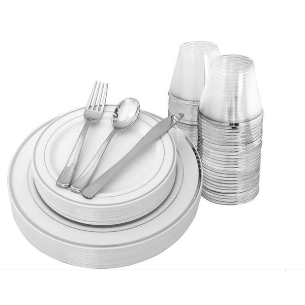 PLASTIC PLATE SET SILVER AND WHITE