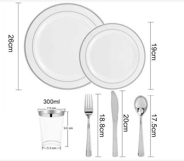 PLASTIC PLATE SET SILVER AND WHITE dimensions