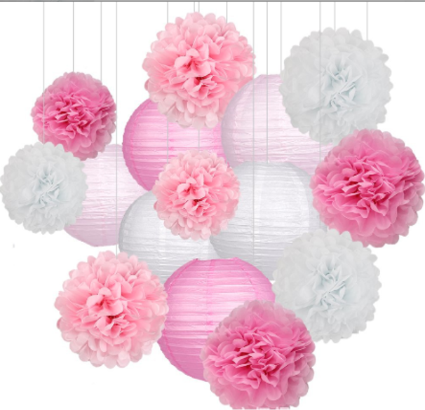 Party Decoration Kit of Light Pink, Pink and White Paper Lanterns and Pom Poms in 3 sizes