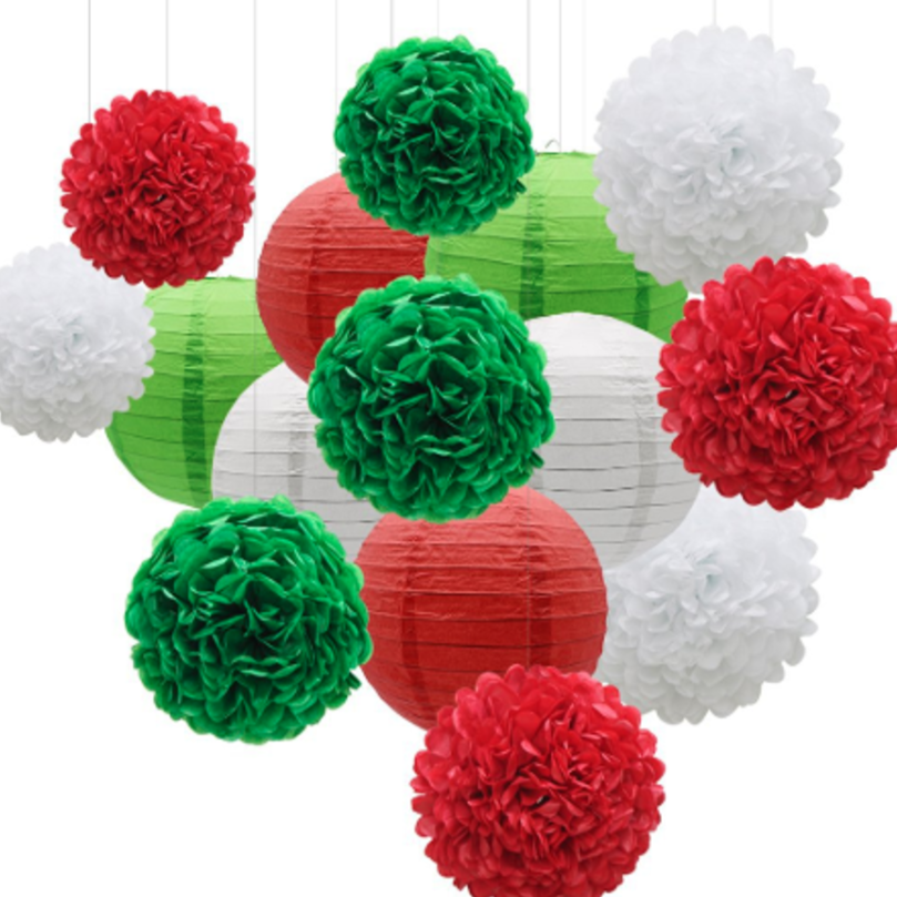 Paper Lantern Pom Pom Set  - Christmas