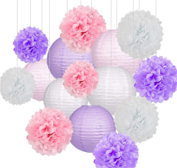 Party Decoration Kit of Lavender, Pink and White Paper Lanterns and Pom Poms in 3 sizes
