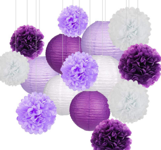 Party Decoration Kit of Purple, Lavender and White Paper Lanterns and Pom Poms in 3 sizes