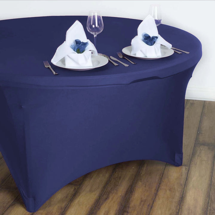 Navy Round Lycra Fitted Tablecloth (6ft) In Setting