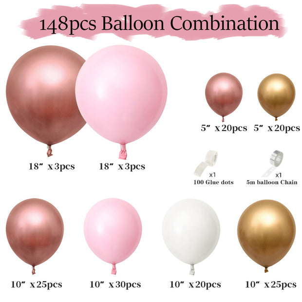 Rose Gold themed balloon garland kit contents