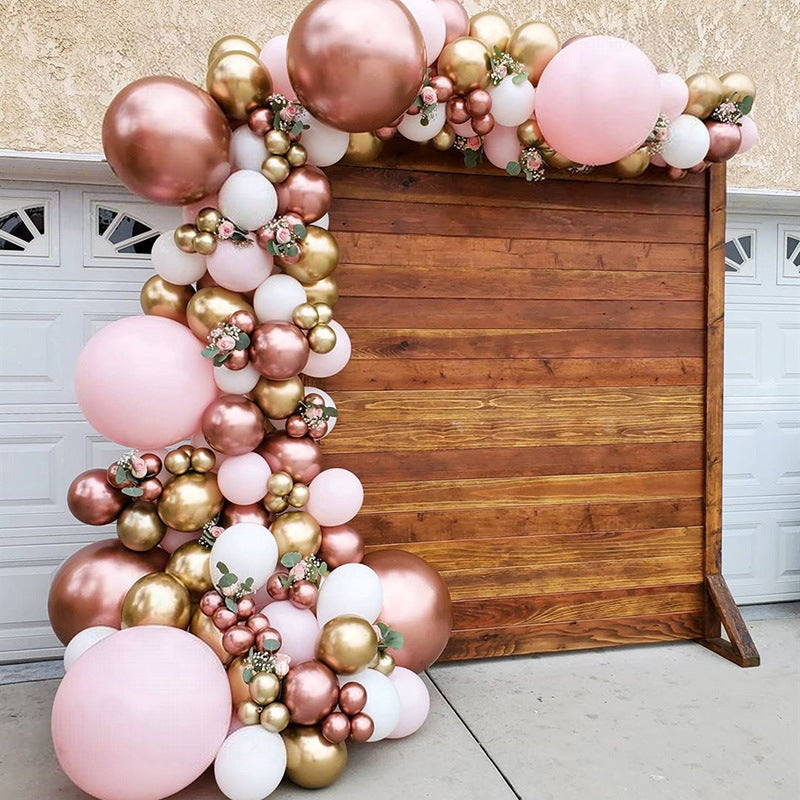 Rose Gold themed balloon garland kit setup